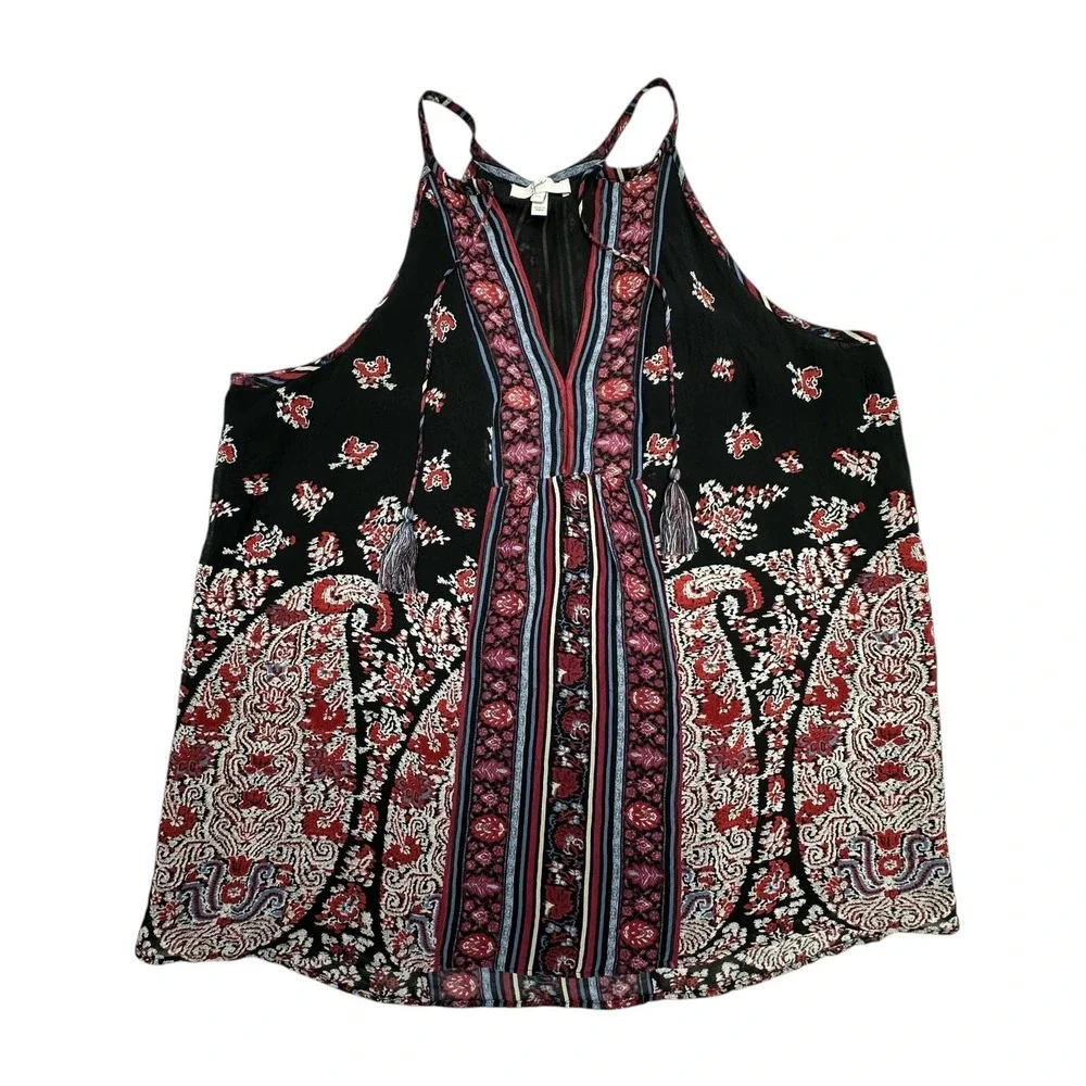 Joie Tank Top Womens XS Black Paisley Halter Silk Lined Boho Tassel‎ Camisole